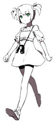 Rule 34 | 1girl, belt, clenched hand, closed mouth, commentary request, doll, dress, green eyes, greyscale, hair ornament, looking at viewer, misti, monochrome, shoes, short dress, short hair, short sleeves, solo, spot color, steins;gate, tennouji nae, toy, twintails, walking