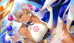 Rule 34 | 1girl, animal hat, blurry, bow, breasts, dark-skinned female, dark skin, depth of field, elbow gloves, gloves, hair ornament, hat, highres, hololive, hololive english, kurot, large breasts, long hair, planet hair ornament, rabbit hat, sideboob, tsukumo sana, tsukumo sana (1st costume), twintails, twitter username, virtual youtuber, white hair, yellow eyes