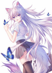 Rule 34 | 1girl, absurdres, animal ear fluff, animal ears, antenna hair, black skirt, black thighhighs, breasts, bug, butterfly, extra ears, fox ears, fox girl, fox tail, grey hair, hair between eyes, highres, insect, kirby d a, looking at viewer, miniskirt, open mouth, original, shirt, short sleeves, simple background, skirt, smile, solo, tail, thighhighs, white hair
