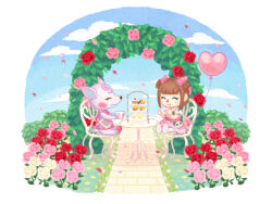 Rule 34 | 2girls, ^ ^, animal bag, animal crossing, arch, bag, balloon, blue sky, blunt bangs, blush, box, brown hair, bush, cake, cake slice, chair, closed eyes, closed mouth, cloud, commentary request, cookie, cup, day, deer girl, diana (animal crossing), double bun, dress, falling petals, flower, food, furry, furry female, gift, gift box, grass, hair bun, hair ornament, hands up, heart balloon, holding, holding cup, moai (aoh), multiple girls, nintendo, on chair, outdoors, petals, pink dress, pink flower, pink rose, pink skirt, puffy short sleeves, puffy sleeves, red flower, red rose, rose, shirt, shoes, short hair, short sleeves, sidelocks, sitting, skirt, sky, sleeveless, sleeveless dress, smile, stone walkway, table, teacup, tiered tray, villager (animal crossing), white flower, white footwear, white rose, white shirt