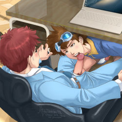 Rule 34 | 2boys, blush, brown eyes, brown hair, clothed sex, desk, digimon, erection, fellatio, formal, goggles, izumi koshiro, licking, looking at another, male focus, mjesperandieu, multiple boys, naughty face, necktie, office, oral, penis, precum, pubic hair, red hair, saliva, sitting, spiked hair, suit, testicles, tongue, tongue out, yagami taichi, yaoi