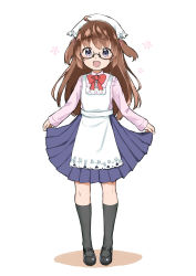 Rule 34 | 1girl, :d, apron, black-framed eyewear, black footwear, black thighhighs, blue skirt, blush, bow, bowtie, brown hair, clothing cutout, collared shirt, commentary request, full body, glasses, hair between eyes, heart, heart cutout, highres, long hair, long sleeves, looking at viewer, mary janes, open mouth, original, pink shirt, pleated skirt, purple eyes, red bow, red bowtie, sekira ame, semi-rimless eyewear, shirt, shoes, skirt, skirt hold, smile, solo, standing, thighhighs, two side up, under-rim eyewear, very long hair, white apron, white background