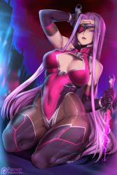 Rule 34 | 1girl, absurdres, alternate costume, arm behind head, bare shoulders, boots, bracelet, breasts, cleavage, cleavage cutout, clothing cutout, commentary request, covered navel, dagger, detached sleeves, dual wielding, elbow gloves, eyepatch, facial mark, facial tattoo, facing viewer, fate/grand order, fate (series), forehead mark, gloves, glowing, glowing eye, high collar, highres, holding, holding dagger, holding knife, holding weapon, jewelry, knife, kumiko shiba, large breasts, leotard, long hair, looking at viewer, medusa (fate), medusa (rider) (fate), one eye covered, pantyhose, parted lips, pink leotard, purple hair, revision, seiza, sitting, skin tight, solo, taimanin (series), taimanin suit, tattoo, thigh boots, thighhighs, very long hair, weapon