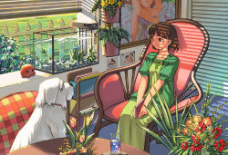 Rule 34 | 1girl, aquarium, blouse, blunt bangs, book, bouquet, brown eyes, brown hair, bush, chair, cup, dog, drawing (object), dress, drink, drinking glass, drinking straw, fence, fish, fish tank, flower, green dress, green shirt, hanging plant, holding, holding book, horii daisuke, indoors, layered clothes, long dress, looking away, looking to the side, original, plant, potted plant, shirt, short hair, short sleeves, sitting, smile, solo, sunlight, tulip, v arms, water, window, window blinds, wooden fence