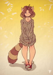 Rule 34 | 1girl, absurdres, ahoge, animal ears, artist name, blush, borrowed character, bottomless, breasts, brown hair, chromatic aberration, closed mouth, collarbone, female focus, floral background, fox-pop vli, full body, gradient background, grey sweater, happy, highres, legs, long sleeves, looking at viewer, naked sweater, nose blush, original, own hands together, raccoon ears, raccoon girl, raccoon tail, red footwear, retro artstyle, shoes, short hair, small breasts, smile, solo, split mouth, standing, straight-on, striped tail, sweater, tail, v arms, watermark, yellow background, yellow eyes