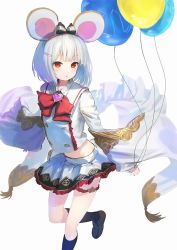 Rule 34 | 1girl, animal ears, balloon, black socks, bow, brooch, brown footwear, buttons, detached sleeves, double-breasted, granblue fantasy, hair bow, hair ornament, hairband, hairclip, heart, heart brooch, holding, holding balloon, jewelry, loafers, long sleeves, looking at viewer, miniskirt, mouse ears, parted lips, red eyes, shirt, shoes, simple background, skirt, socks, solo, standing, standing on one leg, vikala (granblue fantasy), wasabi60, white background, white shirt
