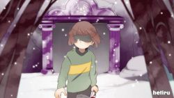 Rule 34 | 1boy, 1girl, androgynous, animated, animated gif, artist name, black pantyhose, black shorts, blood, bloody knife, blue jacket, blush, blush stickers, brown hair, chara (undertale), closed mouth, commentary, day, green shirt, grin, handshake, hetiru, holding, hood, hooded jacket, huge filesize, jacket, knife, long sleeves, outdoors, pantyhose, pantyhose under shorts, red eyes, sans (undertale), shirt, short hair, shorts, single stripe, smile, snow, snowing, standing, striped clothes, striped shirt, sunlight, teeth, tree, undertale