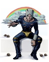 Rule 34 | 1boy, absurdres, blue eyes, cloud, commentary, fake horns, frown, full body, hat, highres, horned headwear, horns, hunched over, jojo no kimyou na bouken, ma2 ereki, male focus, rainbow, serious, sitting, snail, solo, stone ocean, symbol-only commentary, v-shaped eyebrows, weather report
