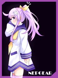 Rule 34 | 10s, 1girl, ^^^, alternate hairstyle, black background, blush, border, character name, collar, cowboy shot, d-pad, dress, female focus, from side, hair ornament, hair ribbon, long hair, neckerchief, nepgear, neptune (series), pink thighhighs, ponytail, profile, purple eyes, purple hair, ribbon, sailor collar, sailor dress, sidelocks, simple background, sleeves past wrists, smile, solo, thighhighs, warabi mochi (ehimedaisuki), zettai ryouiki