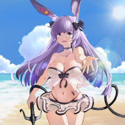 Rule 34 | 1girl, :d, animal ear fluff, animal ears, arknights, bandeau, bare arms, bare shoulders, beach, bikini, bikini skirt, black bow, blue sky, bow, breasts, cleavage, cloud, commentary, cowboy shot, day, english commentary, grappling hook, groin, hair bow, heart, holding, large breasts, long hair, looking at viewer, material growth, microskirt, navel, ocean, official alternate costume, okran, open mouth, oripathy lesion (arknights), outdoors, purple eyes, purple hair, rabbit ears, reaching, reaching towards viewer, rope (arknights), rope (summer flowers) (arknights), skirt, sky, smile, solo, standing, star (symbol), stomach, strapless, strapless bikini, swimsuit, thighs, water, white skirt