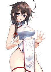 1girl absurdres bare_shoulders blue_eyes blush bow braid breasts brown_hair china_dress chinese_clothes dress floral_print groin hair_between_eyes hair_bow hair_ornament hairpin hands_up heart highres hip_focus kantai_collection lifting_own_clothes long_hair looking_at_viewer medium_breasts no_panties see-through_clothes see-through_dress shiba_(zudha) shigure_(kancolle) shigure_kai_san_(kancolle) single_braid sleeveless sleeveless_dress smile solo teasing thighs wet wet_clothes wet_dress white_dress