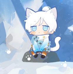 Rule 34 | 1girl, animal ears, animification, apex legends, blue eyes, blush, cat ears, cat tail, chibi, flashpoint wraith, gradient jacket, hair bun, jacket, looking up, official alternate costume, parted bangs, paw print, sitting, snow, solo, tail, white hair, wraith (apex legends), yuuu (maruunaka)