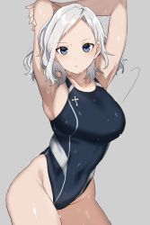 Rule 34 | 1girl, armpits, arms behind head, arms up, black one-piece swimsuit, breasts, commentary request, competition swimsuit, cowboy shot, cross, grey background, grey eyes, highleg, highleg swimsuit, highres, large breasts, looking at viewer, one-piece swimsuit, original, shirasu uni, short hair, silver hair, solo, standing, swimsuit, wet, wet clothes, wet swimsuit