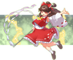 Rule 34 | 1girl, :d, armpits, blunt bangs, blush, bow, brown hair, creape, detached sleeves, frilled hair tubes, frills, full body, gohei, hair bow, hair tubes, hakurei reimu, highres, holding, holding stick, long hair, looking at viewer, open mouth, outstretched arm, paw print, red bow, red eyes, red skirt, red vest, skirt, skirt set, smile, solo, stick, touhou, unfinished dream of all living ghost, vest