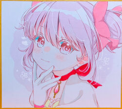 Rule 34 | 1girl, buttons, choker, circle, closed mouth, colored eyelashes, dot nose, eyelashes, floral background, flower, frills, gloves, hair between eyes, hair ribbon, hair strand, hand on own chin, hand on own face, hand up, head tilt, heart, kaname madoka, light blush, light smile, looking at viewer, mahou shoujo madoka magica, mahou shoujo madoka magica (anime), marker (medium), photo (medium), pink eyes, pink hair, pink ribbon, pink theme, puffy sleeves, red choker, red ribbon, ribbon, ribbon choker, sakuranoron, shikishi, short twintails, sidelocks, sideways glance, simple background, solo, soul gem, sparkle, sparkle background, tareme, traditional media, twintails, upper body, white background, white gloves