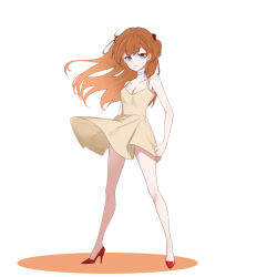 Rule 34 | 1girl, bare legs, bare shoulders, blue eyes, breasts, brown hair, choker, cleavage, dress, feelily, full body, highres, interface headset, long hair, looking at viewer, medium breasts, neon genesis evangelion, simple background, souryuu asuka langley, standing, sundress, white background, yellow dress