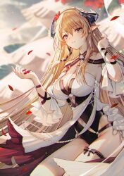 Rule 34 | 1girl, arknights, bare shoulders, black leotard, blonde hair, blue eyes, blue nails, breasts, cleavage, cowboy shot, detached sleeves, dress, falling petals, flower, hair flower, hair ornament, hand up, highres, holding, holding petal, horns, large breasts, leotard, long hair, long sleeves, looking at viewer, nail polish, navel, open hand, petals, pointy ears, red flower, saileach (arknights), saileach (summer flowers) (arknights), sidelocks, solo, stomach, straight hair, strapless, strapless dress, tarutaru yamaoka, thighs, white dress, white sleeves
