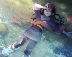 1girl akari_(pokemon) black_hair closed_eyes commentary_request creatures_(company) day from_above game_freak grass grey_jacket grey_skirt highres holding jacket long_hair loose_socks lying nintendo on_back outdoors outstretched_arm pantyhose parted_lips pokemon pokemon_legends:_arceus red_scarf sad scarf shoes skirt socks solo tearing_up unworn_scarf water white_pantyhose yukichi_(tsuknak1)