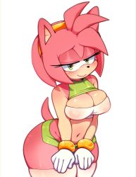 Rule 34 | 1girl, absurdres, amy rose, breasts, cleavage, covered erect nipples, eyelashes, furry, furry female, gloves, gold bracelet, gold hairband, green eyes, hairband, hands on own thighs, highres, ichig8miruku, leaning forward, microskirt, navel, pink fur, pink hair, skirt, smile, solo, sonic (series), stomach, tail, thick thighs, thighhighs, thighs, white gloves, wide hips
