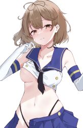 Rule 34 | 1girl, absurdres, black panties, blue skirt, breasts, brown eyes, brown hair, calin, cosplay, crop top, elbow gloves, gloves, highleg, highleg panties, highres, kantai collection, looking at viewer, medium breasts, microskirt, neckerchief, oboro (kancolle), panties, sailor collar, shimakaze (kancolle), shimakaze (kancolle) (cosplay), short hair, skirt, smile, solo, striped clothes, striped thighhighs, thighhighs, underwear, white background, white gloves