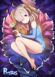 Rule 34 | 1girl, ahoge, artist name, barefoot, copyright name, flower, from above, hair over one eye, highres, hiroki (hirokiart), holding, holding flower, horns, knees up, leaf, legs together, long sleeves, looking at viewer, lying, on side, original, parted lips, pink flower, ribbed sweater, signature, silver hair, solo, sweater, white flower, yellow eyes