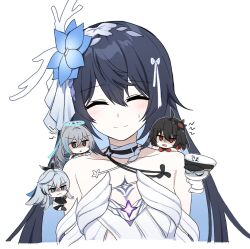 Rule 34 | 1boy, 4girls, ahoge, bare shoulders, breasts, bronya zaychik, bronya zaychik (herrscher of truth), captain (honkai impact), chest tattoo, chibi, closed eyes, closed mouth, collarbone, drill hair, flower, grey hair, hair between eyes, hair flower, hair ornament, halo, high ponytail, honkai (series), honkai impact 3rd, korean commentary, lix (iroiro3843), multiple girls, on shoulder, open mouth, ponytail, project bunny, seele (alter ego), seele vollerei, seele vollerei (herrscher of rebirth), seele vollerei (stygian nymph), simple background, single drill, small breasts, sweatdrop, tattoo, upper body, v-shaped eyebrows, white background, white headwear
