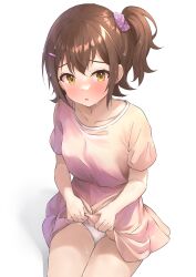 Rule 34 | 1girl, :o, absurdres, b1ack illust, blush, breasts, brown hair, clothes lift, collarbone, dress, dress lift, highres, idolmaster, idolmaster million live!, kasuga mirai, lifting own clothes, looking at viewer, one side up, panties, pink dress, short sleeves, simple background, small breasts, solo, sweat, underwear, wet, wet clothes, wet dress, white background, white panties, yellow eyes