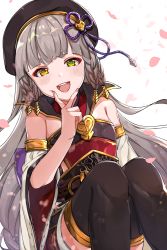 Rule 34 | 1girl, belt, black thighhighs, blush, braid, commentary, deep skin, detached sleeves, eyeshadow, granblue fantasy, green eyes, grey hair, gyoju (only arme nim), head tilt, heterochromia, highres, long hair, looking at viewer, makeup, petals, pholia, sitting, solo, thick eyebrows, thighhighs, v-shaped eyebrows, very long hair, white background, wide sleeves, yellow eyes