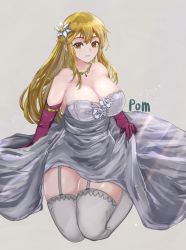 Rule 34 | 1girl, absurdres, alternate costume, bare shoulders, blonde hair, breasts, cleavage, collarbone, commentary request, dress, elbow gloves, fire emblem, fire emblem: genealogy of the holy war, flower, garter straps, gloves, grey background, grey dress, grey thighhighs, grin, hair flower, hair ornament, highres, jewelry, lachesis (fire emblem), large breasts, long hair, looking at viewer, necklace, nintendo, partial commentary, pomodoro (po), purple gloves, simple background, smile, solo, strapless, strapless dress, thick thighs, thighhighs, thighs, very long hair, white flower, yellow eyes