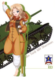 Rule 34 | 10s, 1girl, ;d, absurdres, animal costume, arm up, bandages, barefoot, blonde hair, blue eyes, character name, full body, girls und panzer, highres, kay (girls und panzer), leg up, long hair, m4 sherman, military, military vehicle, motor vehicle, one eye closed, open mouth, smile, solo, standing, standing on one leg, tank, white background