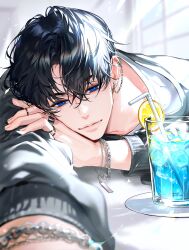 Rule 34 | 1boy, absurdres, black hair, blue eyes, bracelet, closed mouth, cup, drinking glass, drinking straw, ear piercing, food, fruit, grey shirt, highres, ice, indoors, jewelry, leaning on table, lemon, lemon slice, light, lips, looking at viewer, male focus, muksal, original, parted bangs, piercing, plate, ring, shirt, short hair, solo, table, window