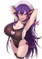 Rule 34 | 1girl, armpits, arms behind head, arms up, blush, breasts, demon girl, demon horns, demon tail, highres, horns, large breasts, long hair, looking at viewer, multicolored hair, open mouth, original, pink hair, pointy ears, purple eyes, purple hair, smile, solo, streaked hair, tail, thighs, yuzuriha (active homing)