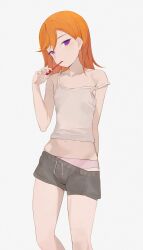 Rule 34 | 1girl, black shorts, collarbone, commentary request, flat chest, grey background, highres, hiroki (yyqw7151), looking at viewer, love live!, love live! superstar!!, off shoulder, one eye closed, orange hair, panties, panties under shorts, pink panties, purple eyes, shibuya kanon, short hair, shorts, simple background, solo, standing, toothbrush, toothbrush in mouth, underwear