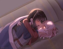 Rule 34 | 2girls, absurdres, arm around back, arm around neck, black hair, blanket, blonde hair, blush, closed eyes, couch, french kiss, hair between eyes, hair ornament, hair ribbon, hand on another&#039;s cheek, hand on another&#039;s face, highres, inoue takina, kiss, linhcoris, long hair, lycoris recoil, lycoris uniform, lying, multiple girls, nishikigi chisato, on couch, red headwear, red ribbon, ribbon, saliva, short hair, tongue, under covers, yuri