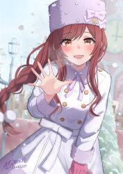 Rule 34 | 1girl, blush, braid, breath, coat, cold, fur hat, gloves, hampem7, hat, hat ribbon, highres, idolmaster, idolmaster shiny colors, long hair, long sleeves, looking at viewer, official alternate costume, official alternate hairstyle, open mouth, osaki amana, papakha, pink hat, red hair, ribbon, single braid, single glove, smile, snowing, solo, standing, swept bangs, trench coat, waving, white coat, winter, winter clothes, yellow eyes