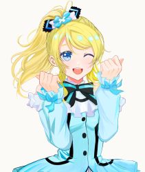 Rule 34 | 1girl, ;), aqua bow, aqua dress, aqua skirt, aqua sleeves, artist name, artist request, ayase eli, bare shoulders, black bow, black skirt, blonde hair, blue bow, blue dress, blue eyes, blue flower, blush, bow, bowtie, breasts, clenched hands, clothing cutout, collared dress, detached sleeves, dress, earrings, female focus, floating hair, flower, frilled dress, frilled skirt, frilled sleeves, frills, hair between eyes, hair bow, hair flower, hair ornament, high ponytail, highres, jewelry, kira-kira sensation!, long hair, long sleeves, looking at viewer, love live!, love live! school idol festival, love live! school idol project, miniskirt, one eye closed, parted lips, plaid, plaid dress, plaid skirt, pleated, pleated dress, pleated skirt, ponytail, puffy short sleeves, puffy sleeves, short hair, short sleeves, shoulder cutout, skirt, small breasts, smile, solo, striped bow, striped bowtie, striped clothes, striped neckwear, teeth, white background, wink, wrist bow