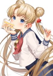 Rule 34 | 1girl, bad id, bad twitter id, bishoujo senshi sailor moon, blonde hair, blue eyes, blue sailor collar, blue skirt, blush, bow, bowtie, cake, cake slice, double bun, earrings, eating, female focus, food, food in mouth, fork, from side, fruit, hair bun, highres, holding, holding food, holding fork, jewelry, long hair, long sleeves, looking at viewer, looking to the side, red bow, red bowtie, ryota (ry o ta), sailor collar, school uniform, serafuku, shirt, sidelocks, simple background, skirt, solo, strawberry, tsukino usagi, very long hair, white background, white shirt