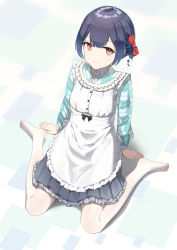 Rule 34 | 1girl, absurdres, apron, blue hair, bow, dress, frilled apron, frilled dress, frills, hair bow, highres, idolmaster, idolmaster shiny colors, looking at viewer, maid, morino rinze, pantyhose, parted bangs, red bow, red eyes, short hair, sitting, solo, wa maid, wariza, white pantyhose, yuyu guantou (marky)