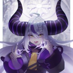 Rule 34 | 1girl, absurdres, ahoge, aragiken, ascot, backlighting, black horns, braid, cathedral, dress, fangs, floating hair, glaring, glowing, hands up, highres, hololive, horns, huge horns, indoors, la+ darknesss, long hair, long sleeves, looking at viewer, magic, multicolored hair, multicolored horns, open mouth, purple dress, purple hair, purple horns, shaded face, solo, stained glass, striped horns, teeth, virtual youtuber, white hair, window, yellow ascot, yellow eyes