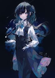 Rule 34 | 1girl, absurdres, ado (utaite), ascot, black hair, black pants, black vest, blue background, blue eyes, blue flower, blue hair, blue rose, blue skirt, blush, chando (ado), closed mouth, cloud nine inc, collared shirt, commentary request, dated, dress shirt, floating hair, flower, flower brooch, highres, light brown hair, long hair, long sleeves, looking at viewer, mole, mole under eye, multicolored hair, pants, ponytail, rose, shirt, showgirl skirt, skirt, solo, two-tone hair, umemaro (siona0908), utaite, vest, white ascot, white shirt
