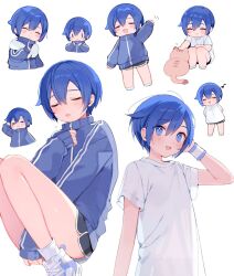 Rule 34 | &gt; &lt;, 1boy, black shorts, blue eyes, blue hair, blue jacket, blush, cat, chibi, closed eyes, closed mouth, jacket, kaito (vocaloid), mogu (wy5xrt7w), open mouth, shirt, shoes, short hair, short sleeves, shorts, smile, sneakers, vocaloid, white footwear, white shirt