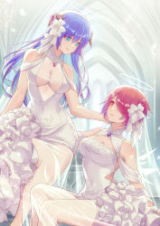Rule 34 | 2girls, absurdres, arknights, bare shoulders, blue eyes, blue hair, breasts, bridal veil, brooch, cleavage, dress, exusiai (arknights), feet out of frame, female focus, flower, hair between eyes, hair flower, hair ornament, hair over one eye, hair ribbon, halo, hand on another&#039;s head, highres, horns, jewelry, jiusan naitang, large breasts, long hair, looking at another, medium breasts, mostima (arknights), multiple girls, red hair, ribbon, see-through, short hair, sitting, sleeveless, sleeveless dress, smile, thighs, veil, wedding dress, white dress, white flower, white ribbon, wife and wife, yuri