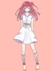 Rule 34 | 1girl, absurdres, ankle lace-up, bad id, bad pixiv id, barefoot, cross-laced footwear, dress, full body, highres, jewelry, kiina (mrnsor), long hair, magi the labyrinth of magic, morgiana, necklace, red eyes, red hair, simple background, solo, standing, traditional media
