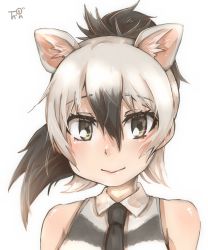 Rule 34 | 1girl, aardwolf (kemono friends), animal ear fluff, animal ears, black eyes, black hair, black necktie, commentary request, extra ears, hair between eyes, highres, kemono friends, long hair, looking at viewer, multicolored hair, necktie, ponytail, portrait, signature, simple background, sleeveless, smile, solo, thin (suzuneya), two-tone hair, white background, white hair, wing collar