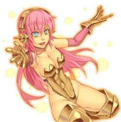 Rule 34 | 1girl, bare shoulders, breasts, cleavage, female focus, gloves, gradient background, headphones, large breasts, leotard, long hair, megurine luka, pink hair, solo, thighhighs, vocaloid, white background, yuuji (and)