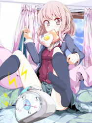 Rule 34 | 1girl, alarm clock, bad id, bad pixiv id, bread slice, clock, curtains, egg, egg (food), feet, food, food in mouth, foot focus, fried egg, fried egg on toast, kneehighs, mouth hold, oouso, original, pink eyes, pink hair, socks, solo, tears, toast, toast in mouth, window