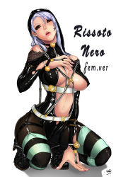 Rule 34 | 1girl, black sclera, breasts, colored sclera, covered erect nipples, genderswap, genderswap (mtf), hat, highres, jojo no kimyou na bouken, large breasts, navel, pants, red eyes, risotto nero, rokiru, silver hair, solo, striped clothes, striped pants