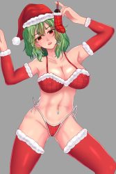 Rule 34 | 1girl, absurdres, arms up, bare shoulders, bra, breasts, christmas, cleavage, commentary request, covered erect nipples, curly hair, detached sleeves, earrings, fur-trimmed bra, fur-trimmed legwear, fur-trimmed sleeves, fur trim, green hair, hair between eyes, hat, head tilt, highres, holding, jewelry, kazami yuuka, large breasts, looking at viewer, medium hair, midriff, navel, open mouth, panties, puck100ml, red bra, red eyes, red panties, red thighhighs, santa costume, santa hat, simple background, solo, teeth, thighhighs, touhou, underwear, underwear only, upper teeth only