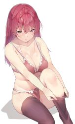 Rule 34 | 1girl, absurdres, bare arms, bare shoulders, blush, bra, breasts, brown thighhighs, cleavage, closed mouth, hair between eyes, heterochromia, highres, hololive, houshou marine, knee up, koubou (cowbow kun), large breasts, long hair, looking at viewer, panties, putting on legwear, red bra, red eyes, red hair, red panties, sitting, solo, stomach, thighhighs, underwear, underwear only, virtual youtuber, yellow eyes