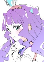 Rule 34 | 1girl, aqua eyes, blush, commentary request, cure majesty, ellee-chan, gloves, hirogaru sky! precure, ixy, looking at viewer, magical girl, precure, purple hair, simple background, smile, solo, upper body, white background, white gloves